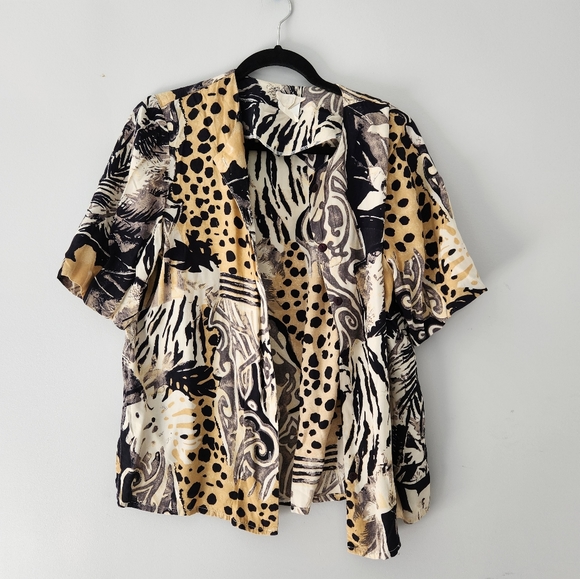 Vintage Coordinating Set - Beige, Black, and Tan Patterned Shirt and Skirt - Picture 1 of 2